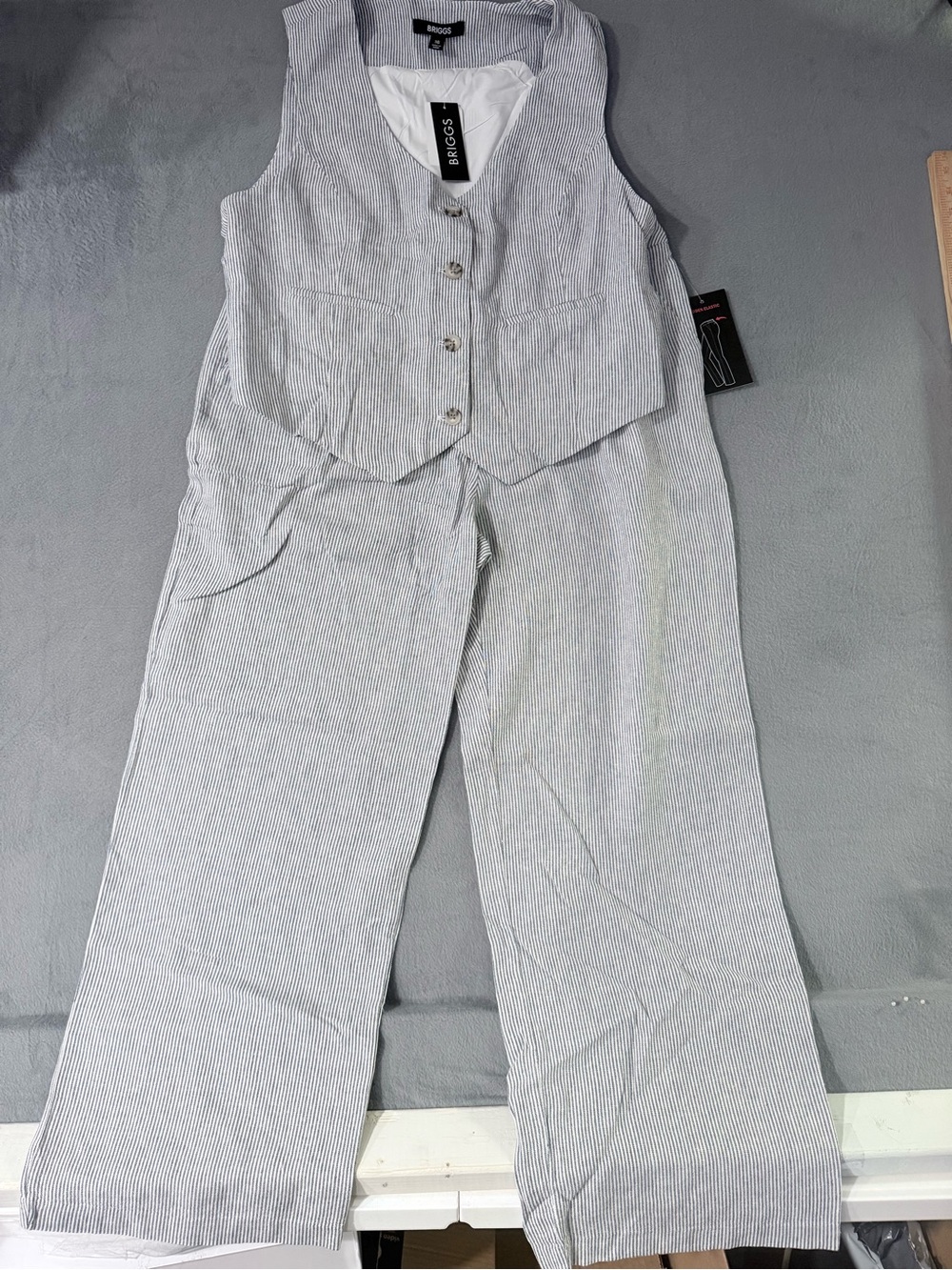 Briggs - White & Blue Pinstripe Women's Vest and Wide-Leg Pants Set